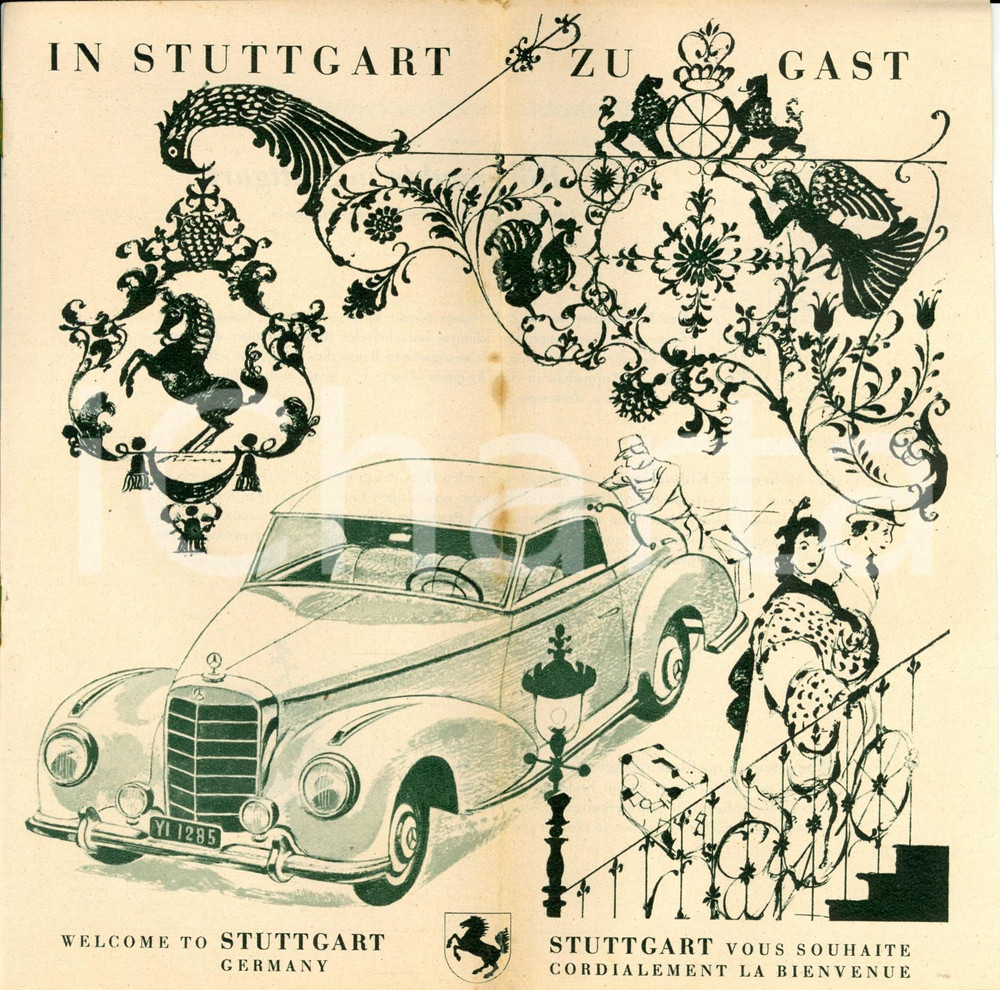 Materiale pubblicitario d’epoca 1955 In STUTTGART zu gast Opuscolo TURISTICO con mappa Museo MERCEDESBENZ 1