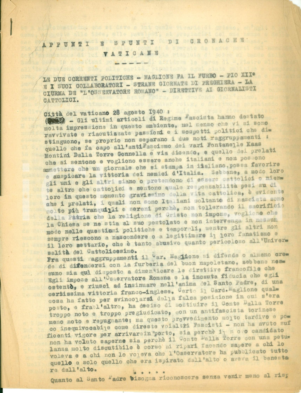 Documento originale, autentico 1940 Giovanni AUGUSTINELLI Appunti e spunti di cronache vaticane Dattiloscritto 1