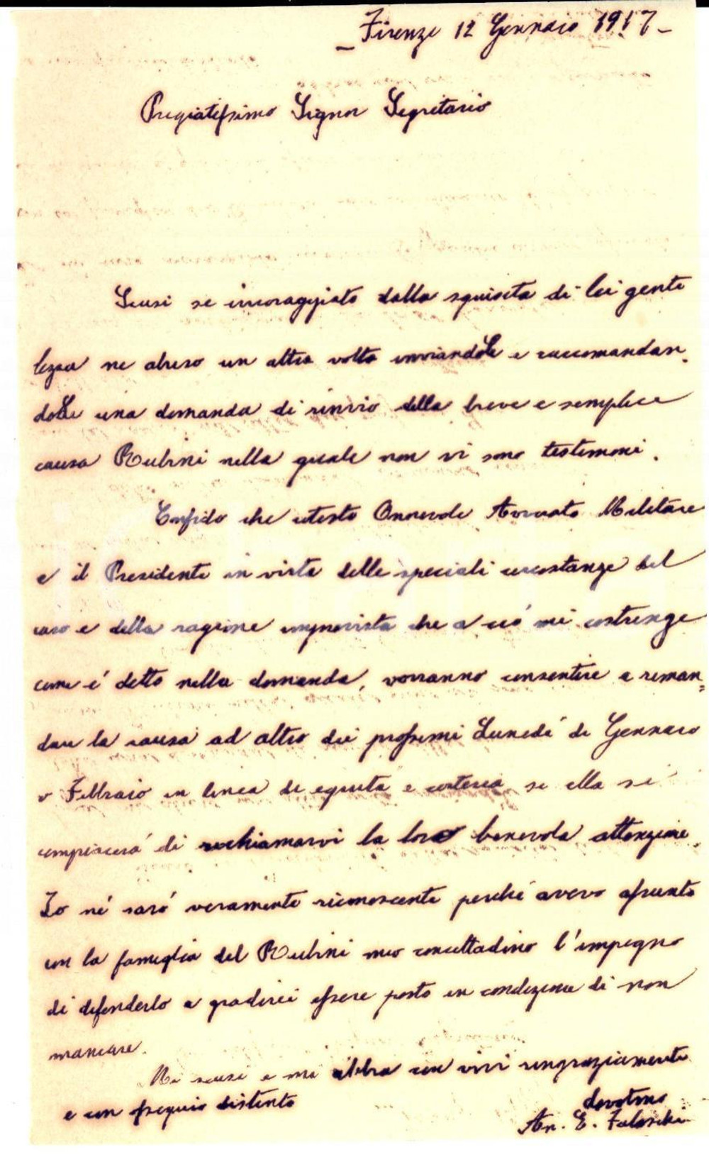 Manoscritto, lettera originale 1917 FIRENZE Antonio FALOSCHI chiede il rinvio della causa RUBINI Lettera 1