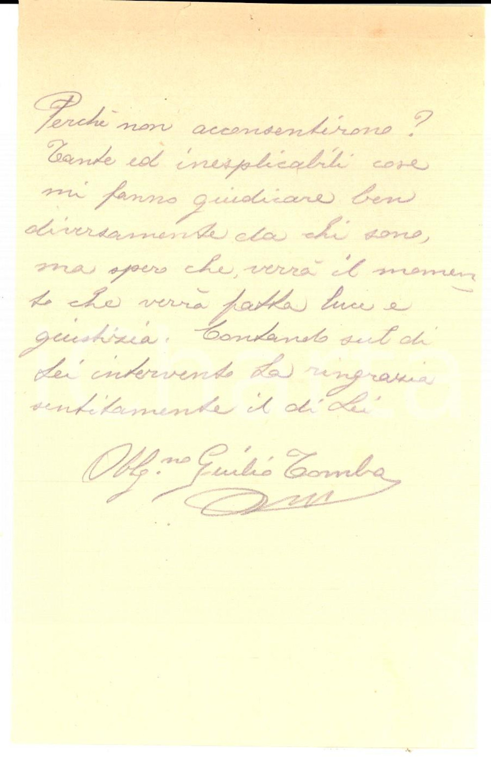 Manoscritto, lettera originale 1916 WW1 PARMA Militare carcerato Giulio TOMBA chiede luce e giustizia 1