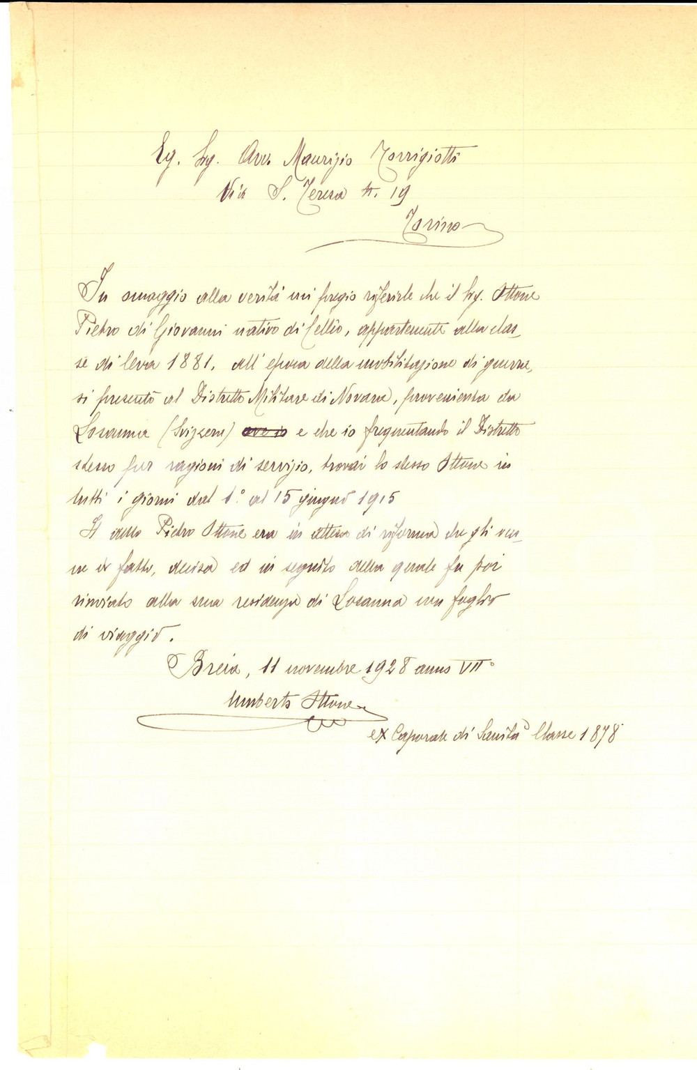 Manoscritto, lettera originale 1928 BREIA VC Testimonianza sul servizio militare di Piero OTTONE di CELLIO 1