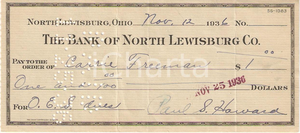 Oggetto da collezione cartaceo 1936 NORTH LEWISBURG BANK  OHIO USA Assegno bancario Carrie FREEMAN 1