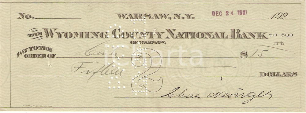 Oggetto da collezione cartaceo 1921 WARSAW New York USA Assegno bancario WYOMING COUNTY NATIONAL BANK 1