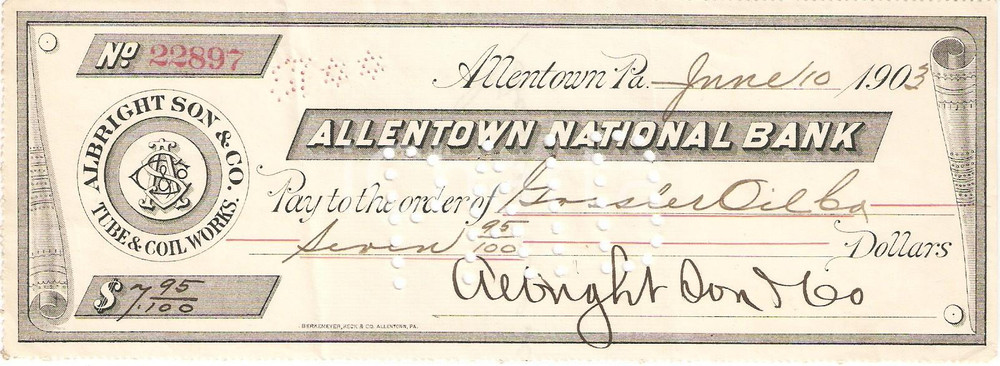 Oggetto da collezione cartaceo 1903 ALLENTOWN NATIONAL BANK USA Assegno bancario ALBRIGHT SON Coil works 1