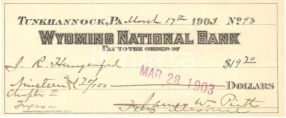 Oggetto da collezione cartaceo 1903 TUNKHANNOCK Pennsylvania USA Assegno bancario WYOMING NATIONAL BANK 1