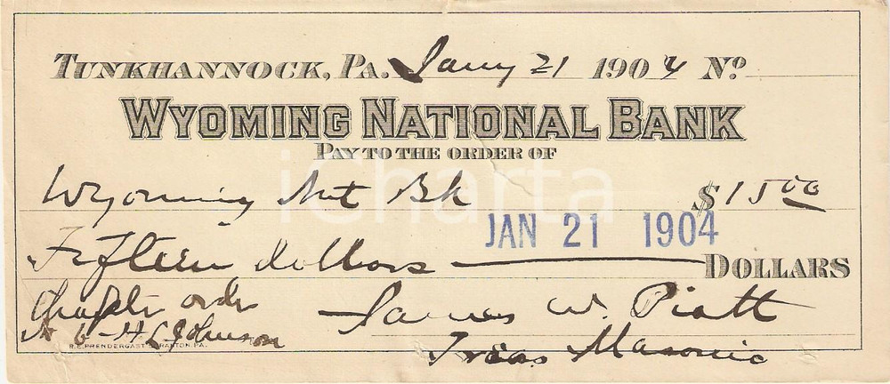Oggetto da collezione cartaceo 1904 TUNKHANNOCK Pennsylvania USA Assegno bancario WYOMING NATIONAL BANK 1
