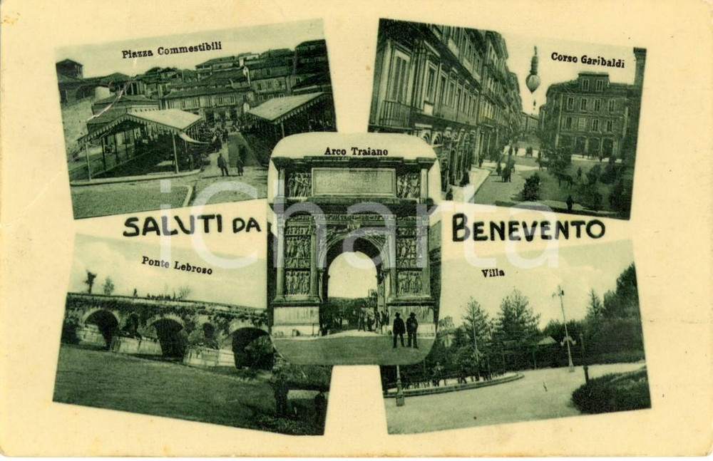 Cartolina originale da collezione 1913 BENEVENTO Vedutine dei monumenti cittadini Cartolina postale FP VG 1