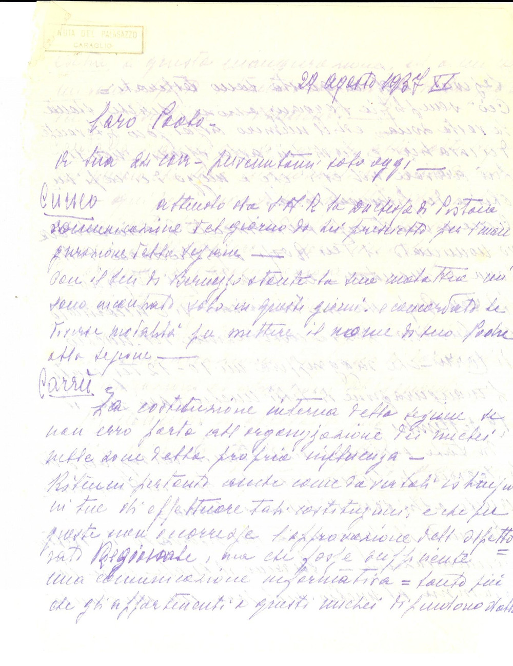 Manoscritto, lettera originale 1937 CARAGLIO CN Ufficiale PAGLIANO su inaugurazione sezione militare Lettera 1
