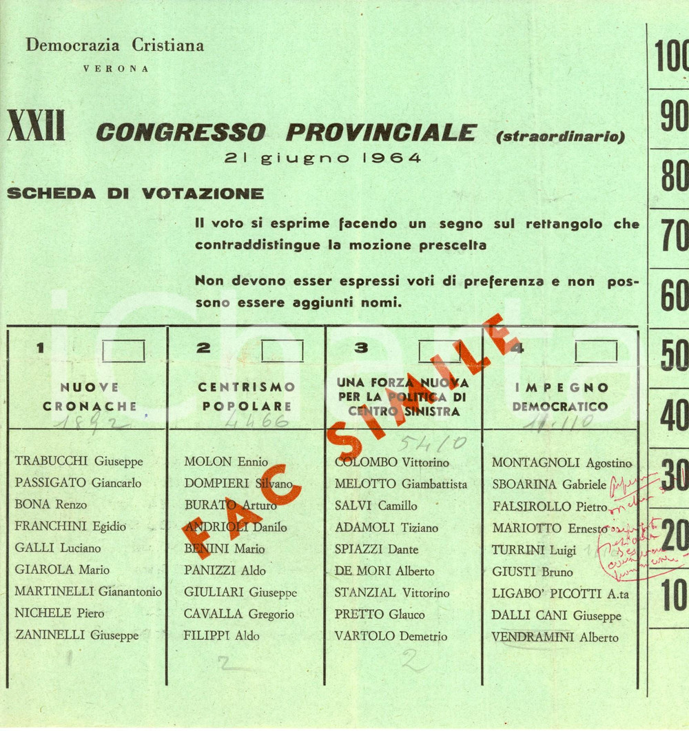 Documento originale, autentico 1964 VERONA XXII Congresso provinciale straordinario DC Facsimile scheda 1 1