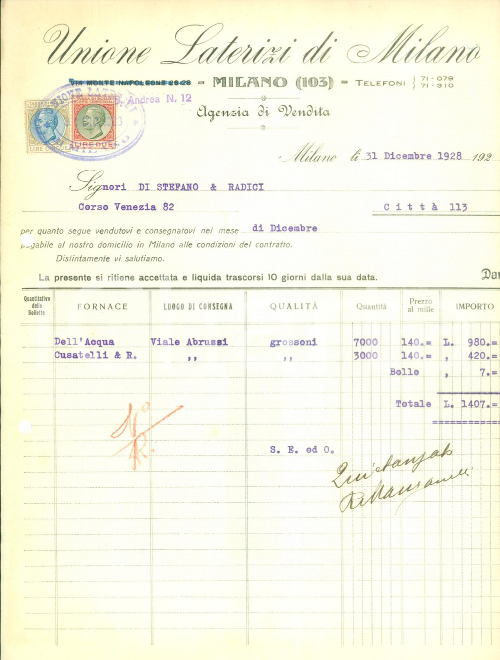 Documento originale, autentico 1928 MILANO Unione laterizi Agenzia di vendita Fattura su carta intestata 1