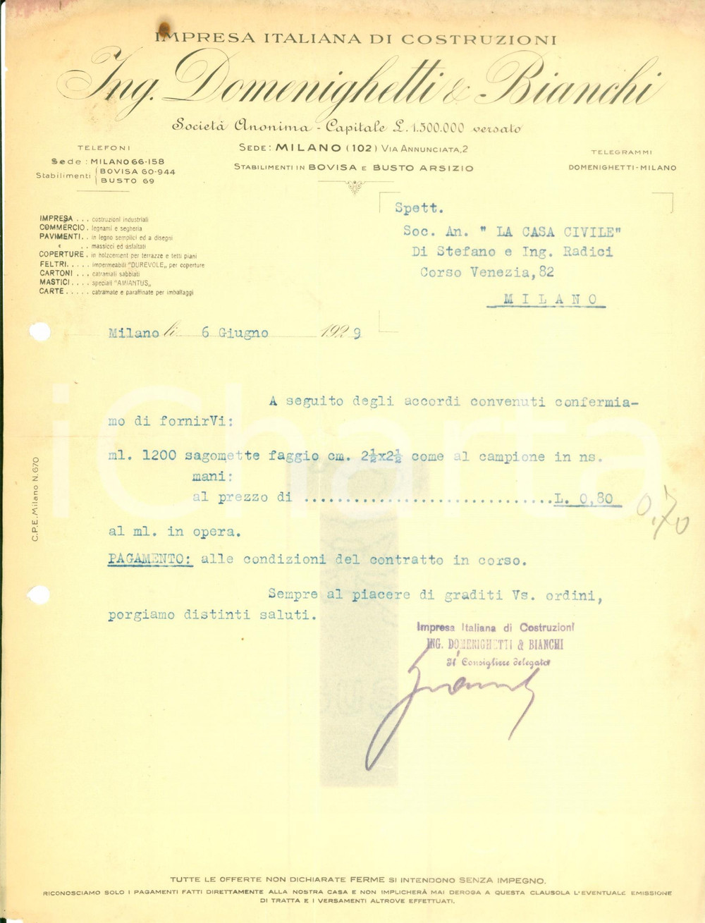 Documento originale, autentico 1929 MILANO BOVISA Impresa Italiana Costruzioni DOMENIGHETTI & BIANCHI Lettera 1