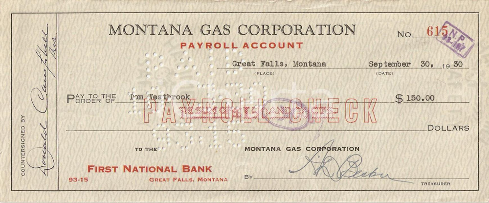 Oggetto da collezione cartaceo 1930 GREAT FALLS USA  MONTANA GAS CORPORATION Assegno FIRST NATIONAL BANK 1