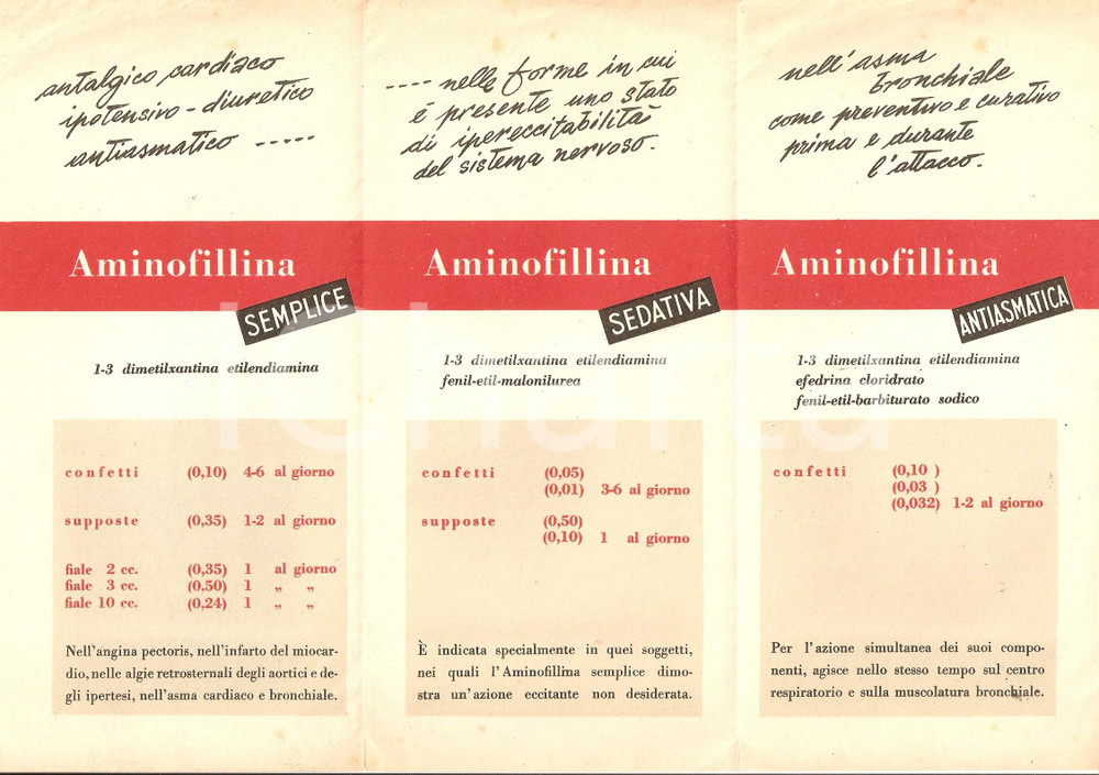 Materiale pubblicitario d’epoca 1950 ca FIRENZE Stabilimento farmaceutico MALESCI Farmaco AMINOFILLINA Brochure 1