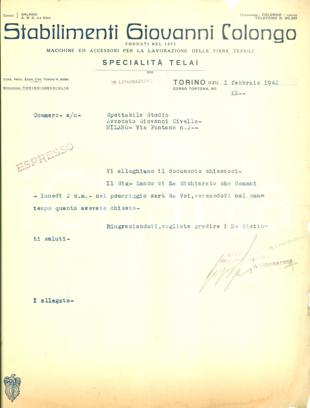 Documento originale, autentico 1942 TORINO Stabilimenti Giovanni COLONGO SpecialitÃ  telai DANNEGGIATO 1