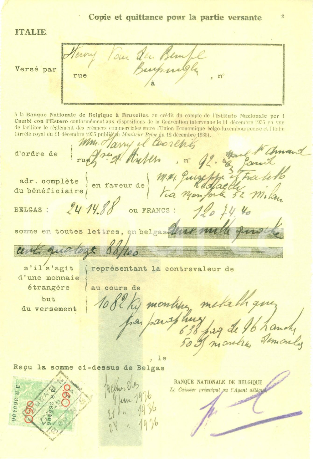 Documento originale, autentico 1936 BRUXELLES Ditta Harry & Coorevits Ricevuta di pagamento 1