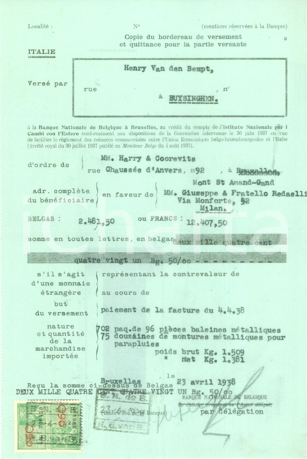 Documento originale, autentico 1938 BRUXELLES Ditta Harry & Coorevits importano stecche per ombrelli REDAELLI 1