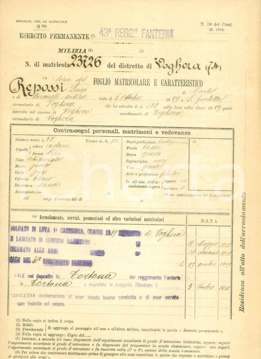 Documento originale, autentico 1916 VOGHERA PV WW1 Foglio matricolare soldato Luigi REPOSSI 43Â° Fanteria 1