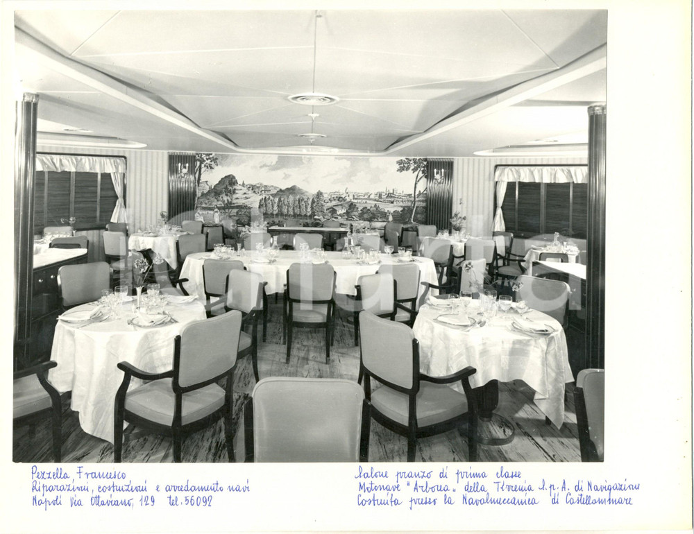 Fotografia d epoca originale 1960 ca TIRRENIA Motonave ARBOREA Angolo salone da pranzo 1 classe PEZZELLA 1