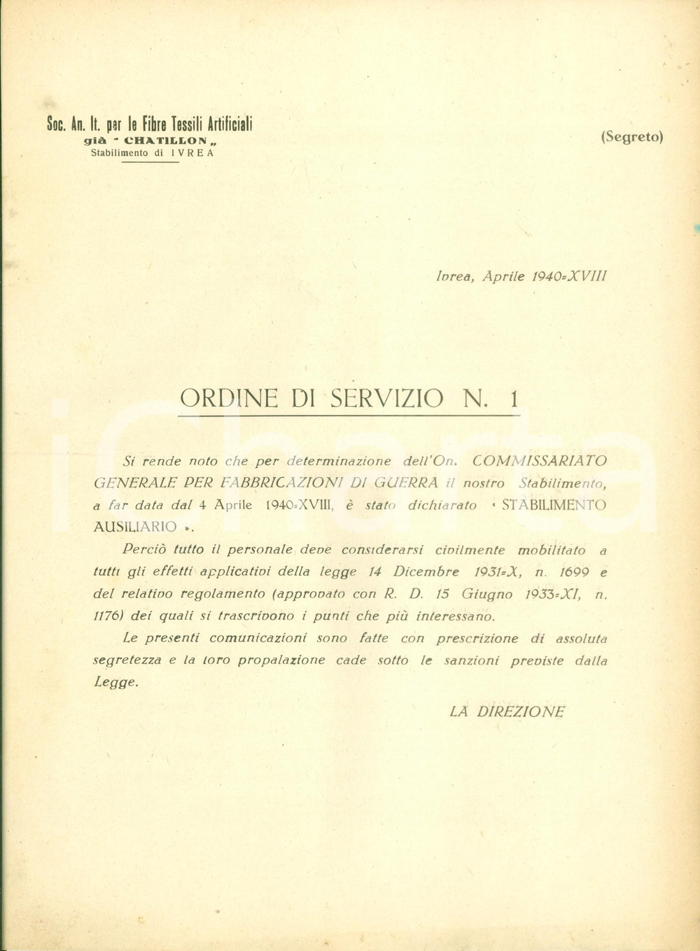 Documento originale, autentico 1940 IVREA WW2 Soc. Fibre Tessili Artificiali CHATILLON mobilitata SEGRETO 1