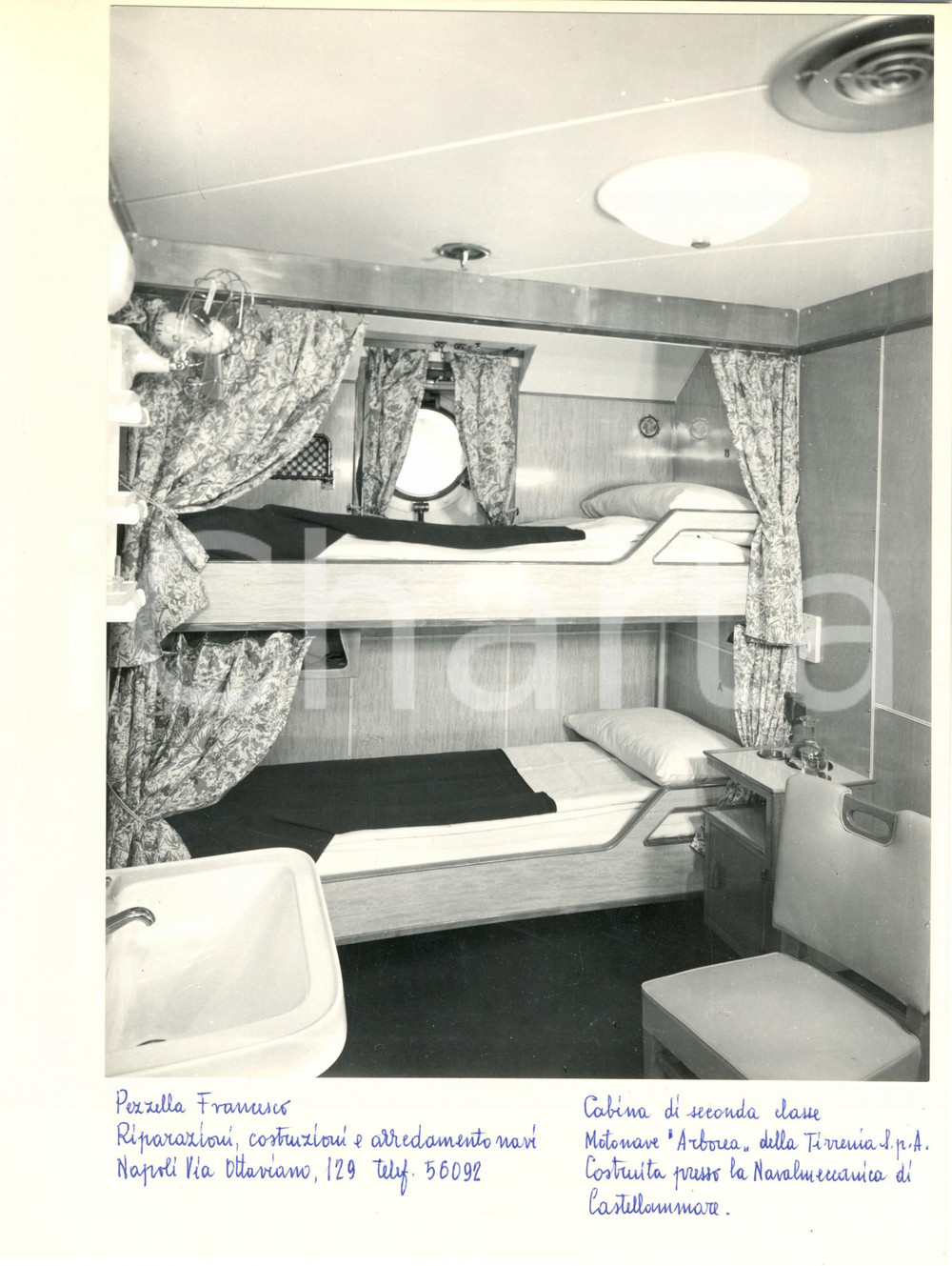Fotografia d epoca originale 1960 ca TIRRENIA Motonave ARBOREA Cabina di 2 classe Francesco PEZZELLA 1