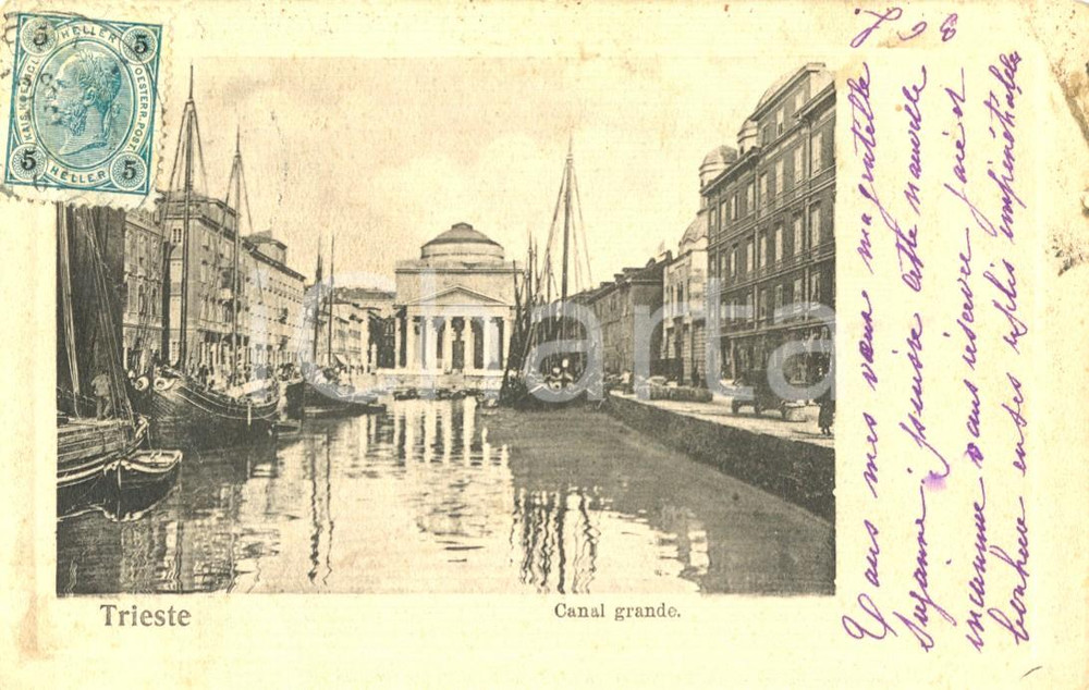 Cartolina originale da collezione 1900 ca TRIESTE Il CANAL GRANDE con la chiesa di SANT ANTONIO ILLUSTRATA FP VG 1