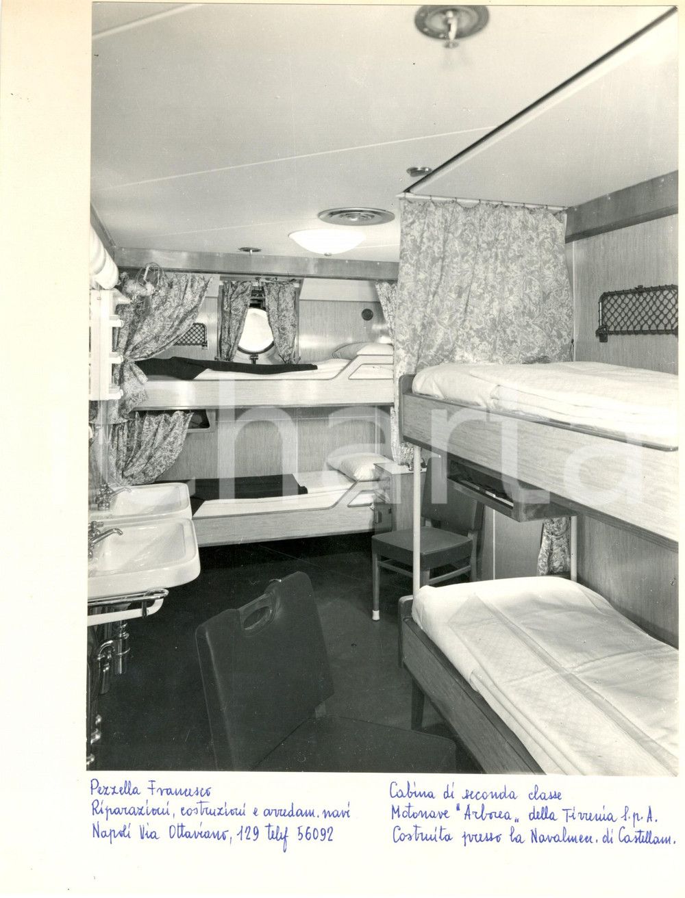 Fotografia d epoca originale 1960 ca TIRRENIA Motonave ARBOREA Cabina 2 per quattro persone F. PEZZELLA 1