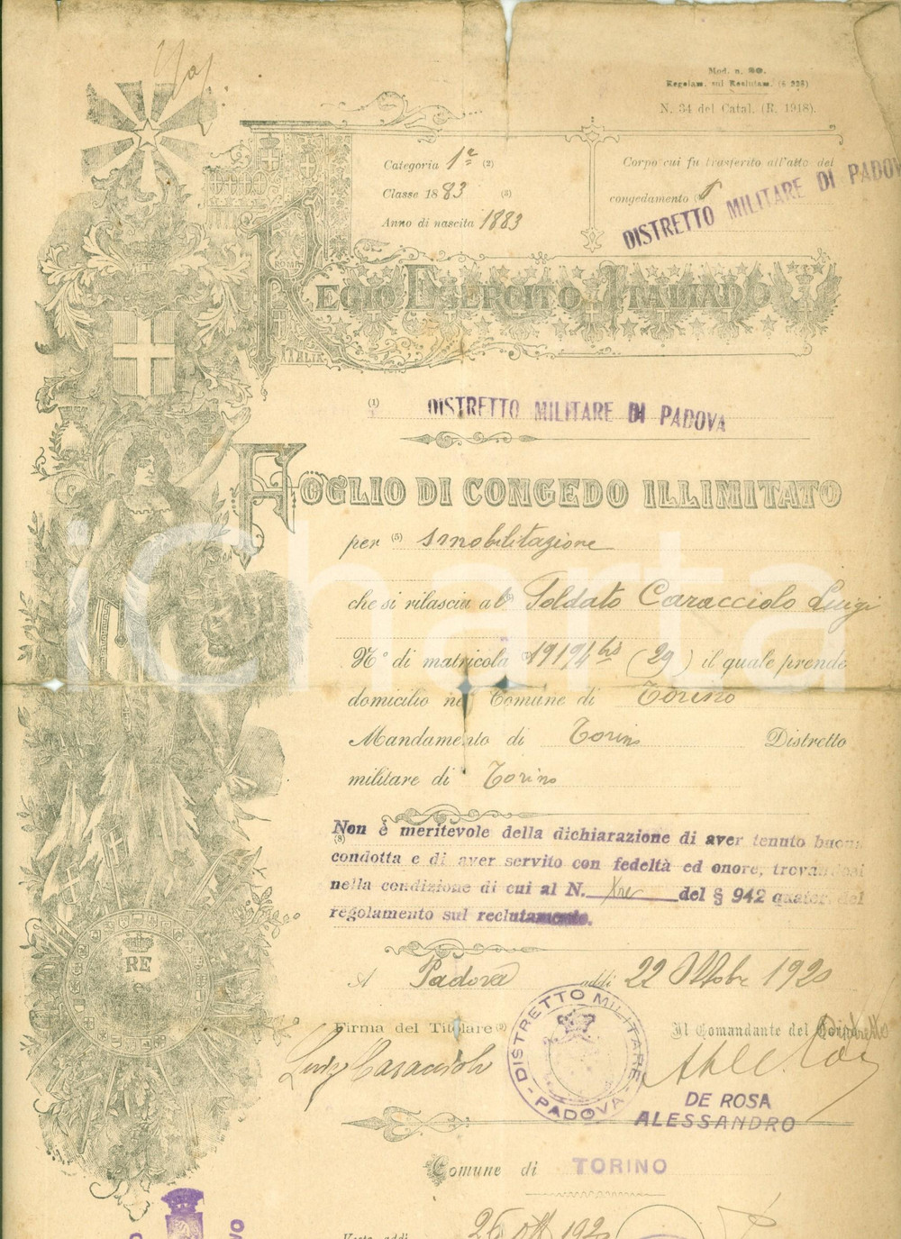 Documento originale, autentico 1920 TORINO Soldato Luigi CARACCIOLO congedato per smobilitazione DANNEGGIATO 1