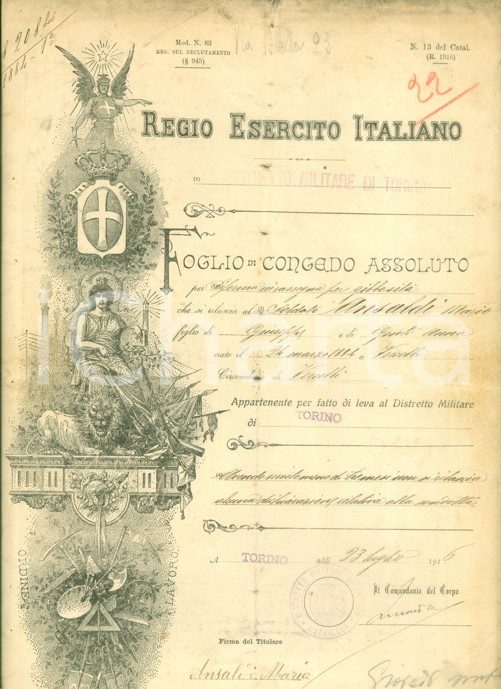 Documento originale, autentico 1916 TORINO WW1 Soldato Mario ANSALDI congedato per gibbositÃ  DANNEGGIATO 1