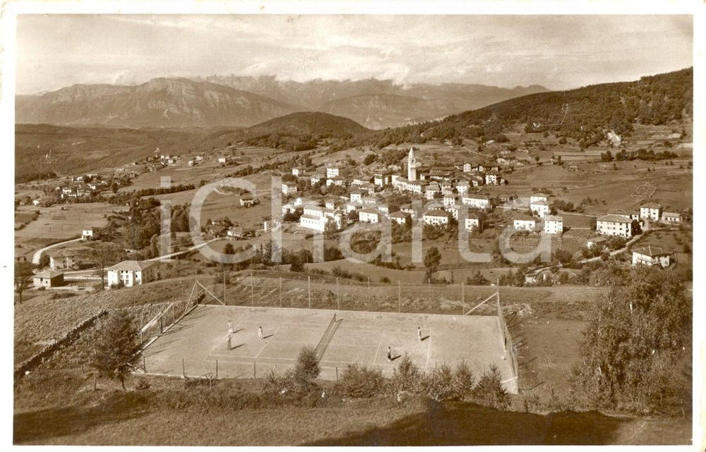 Cartolina originale da collezione 1934 BASELGA DI PINE  TN Panorama e campo da tennis di MIOLA ANIMATA FP NV 1