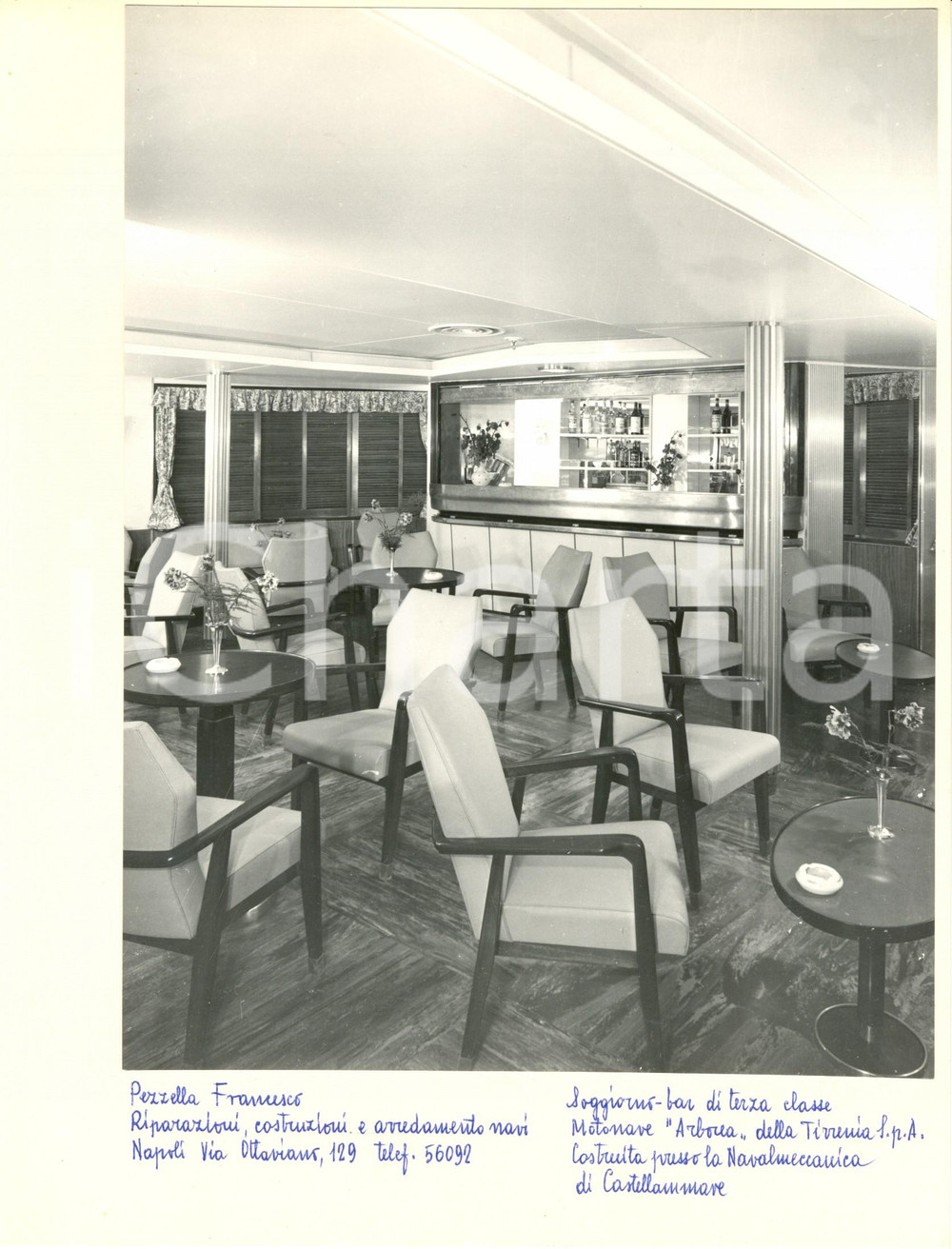 Fotografia d epoca originale 1960 ca TIRRENIA Motonave ARBOREA Soggiorno bar di 3 classe F. PEZZELLA 1