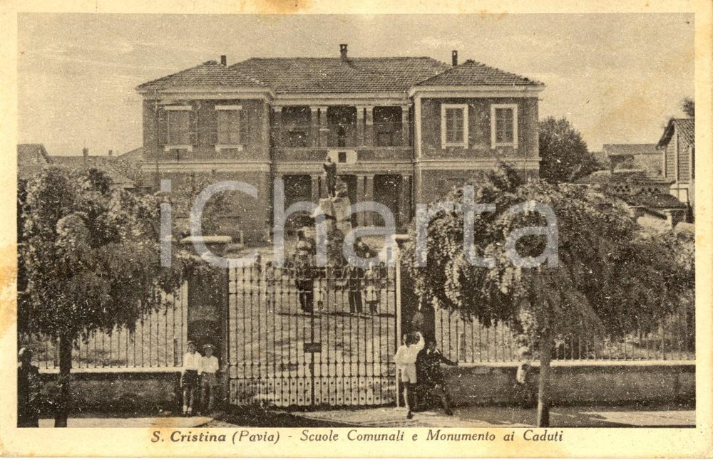 Cartolina originale da collezione 1930 ca SANTA CRISTINA E BISSONE PV Scuole elementari e monumento Caduti FP VG 1