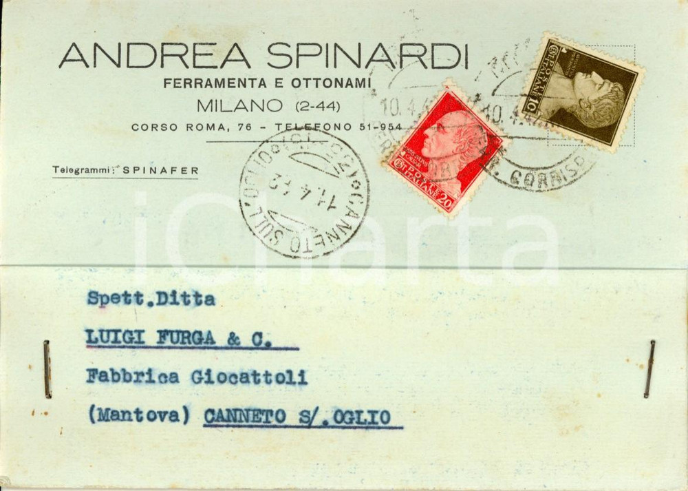 Cartolina originale da collezione 1942 MILANO Corso ROMA 76 Andrea SPINARDI ferramenta e ottonami INTESTATA FG VG 1