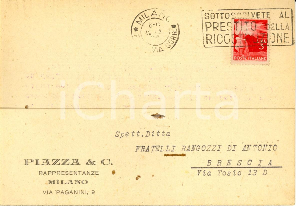 Cartolina originale da collezione 1946 MILANO Rappresentanze PIAZZA & C. a ditta f.lli RANGOZZI INTESTATA FG VG 1