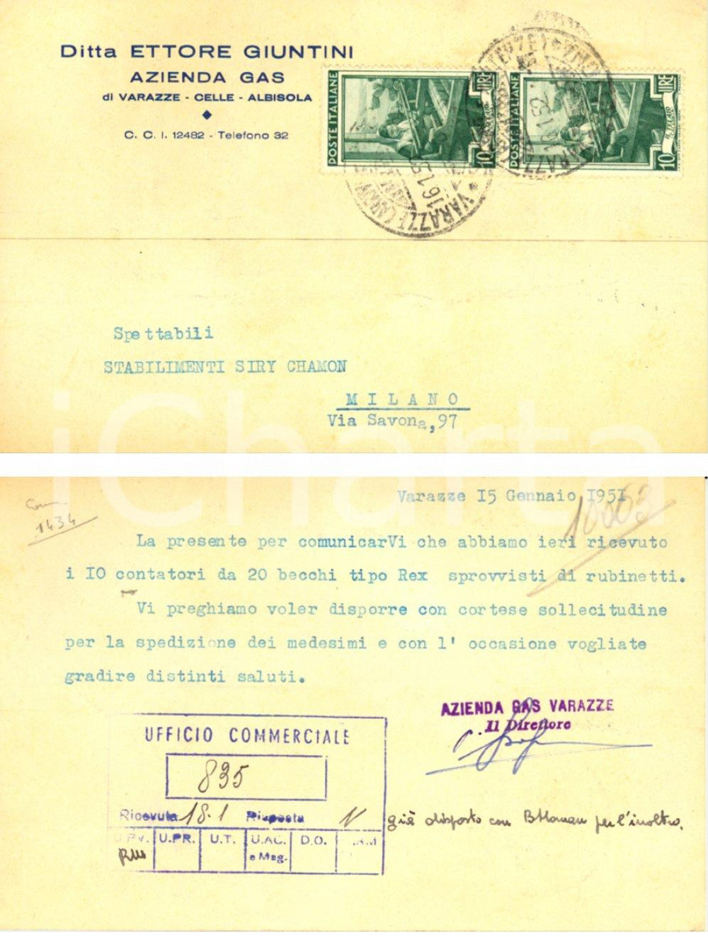 Cartolina originale da collezione 1951 VARAZZE SV Azienda gas Ettore GIUNTINI a SIRY CHAMON INTESTATA FG VG 1