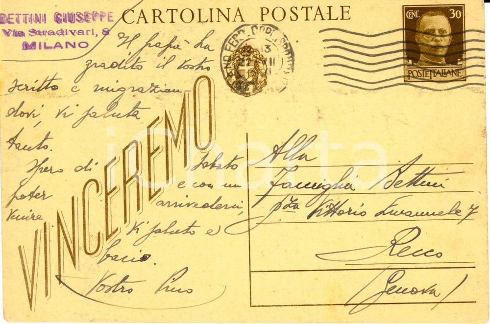 1943 MILANO WW2 Guseppe BETTINI alla famiglia *Cartolina PROPAGANDISTICA FG VG