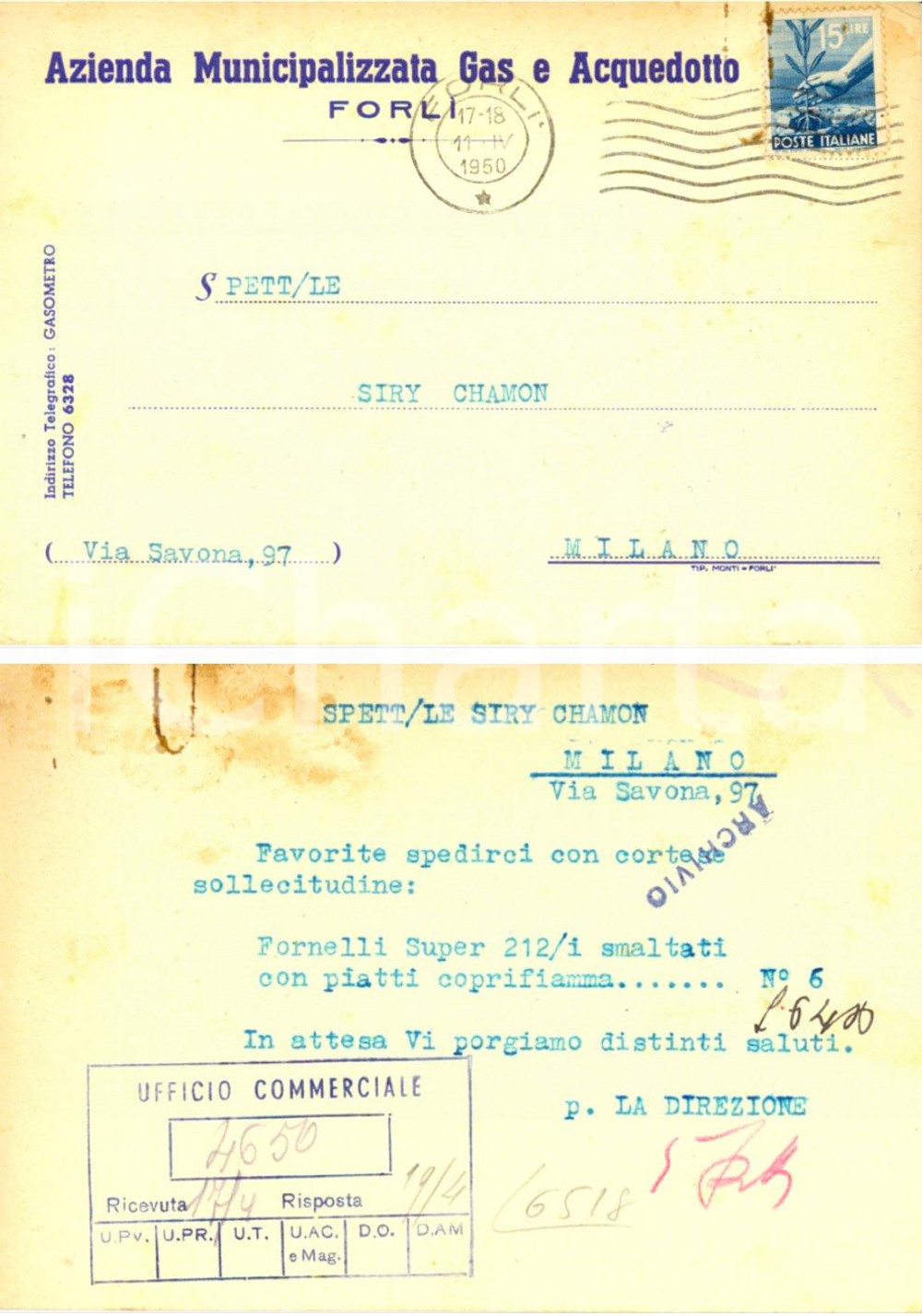 Cartolina originale da collezione 1950 FORLI  Azienda Municipalizzata Gas Richiesta fornelli SIRY CHAMON INTESTATA 1
