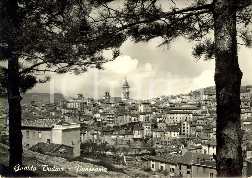 Cartolina originale da collezione 1958 GUALDO TADINO PG Panorama della cittÃ  con Cattedrale SAN BENEDETTO FG VG 1