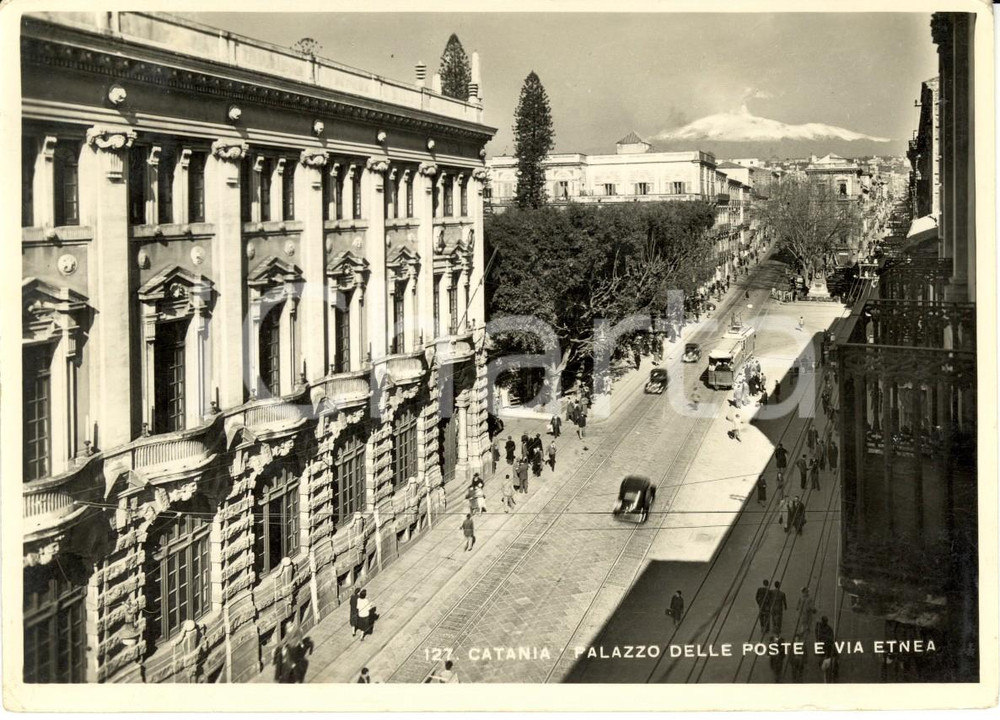 Cartolina originale da collezione 1950 CATANIA Il Palazzo delle Poste in via ETNEA ANIMATA con auto e tram FG VG 1