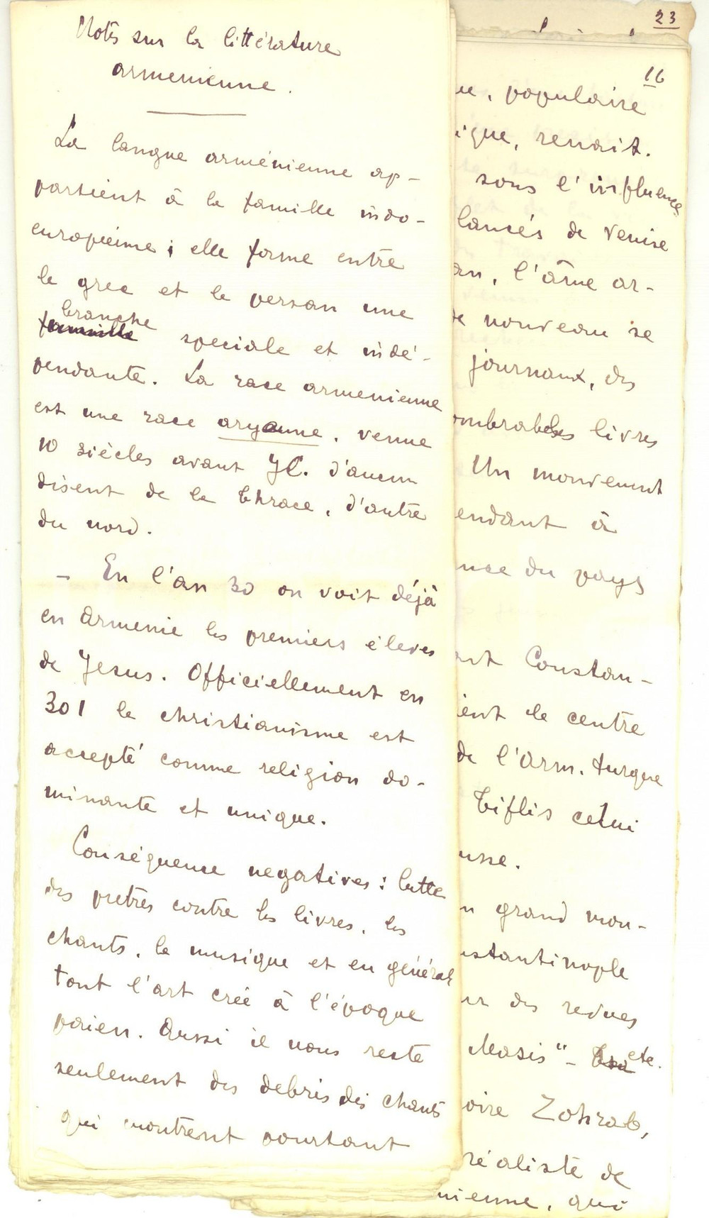 Manoscritto, lettera originale 1920 ca ANONIMO Notes sur la littÃ©rature armÃ©nienne Manoscritto 23 pp. 1