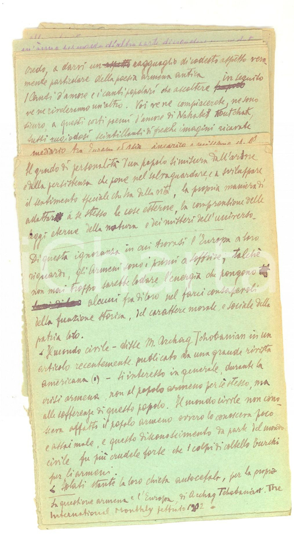 Manoscritto, lettera originale 1920 ca ANONIMO Note sulla letteratura e la questione armena Manoscritto 20 pp. 1