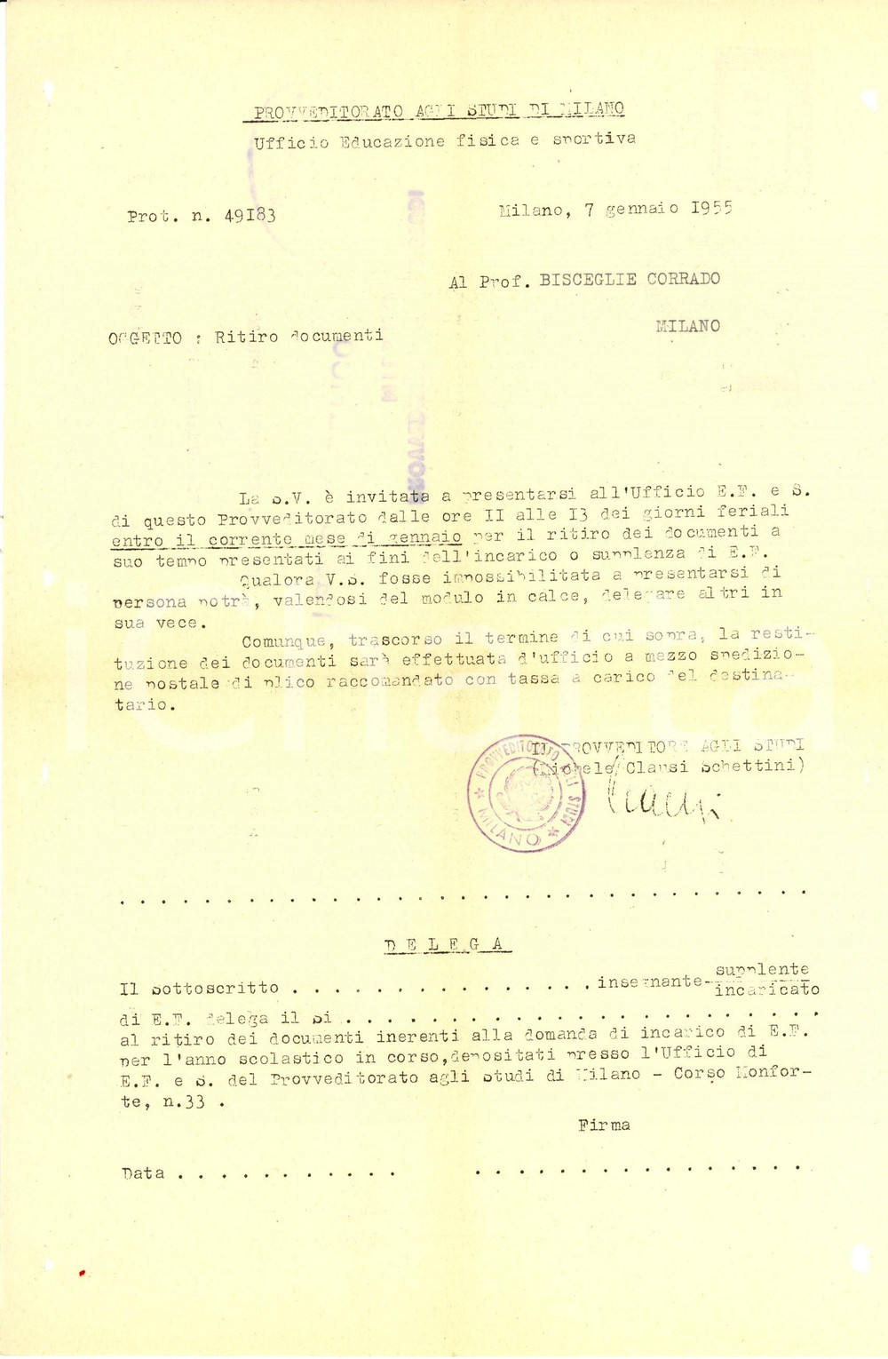 Documento originale, autentico 1955 MILANO Provveditorato agli Studi Ritiro documenti per incarico Lettera 1