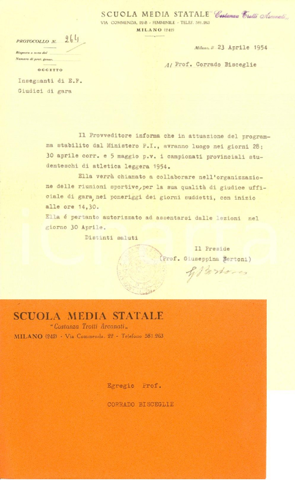 Documento originale, autentico 1954 MILANO Scuola media TROTTI ARCONATI Campionati provinciali atletica leggera 1
