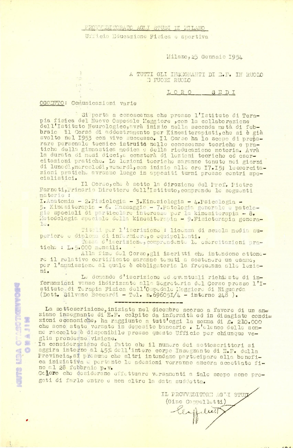 Documento originale, autentico 1954 MILANO Provveditorato agli Studi Corso per kinesoterapisti Lettera 1