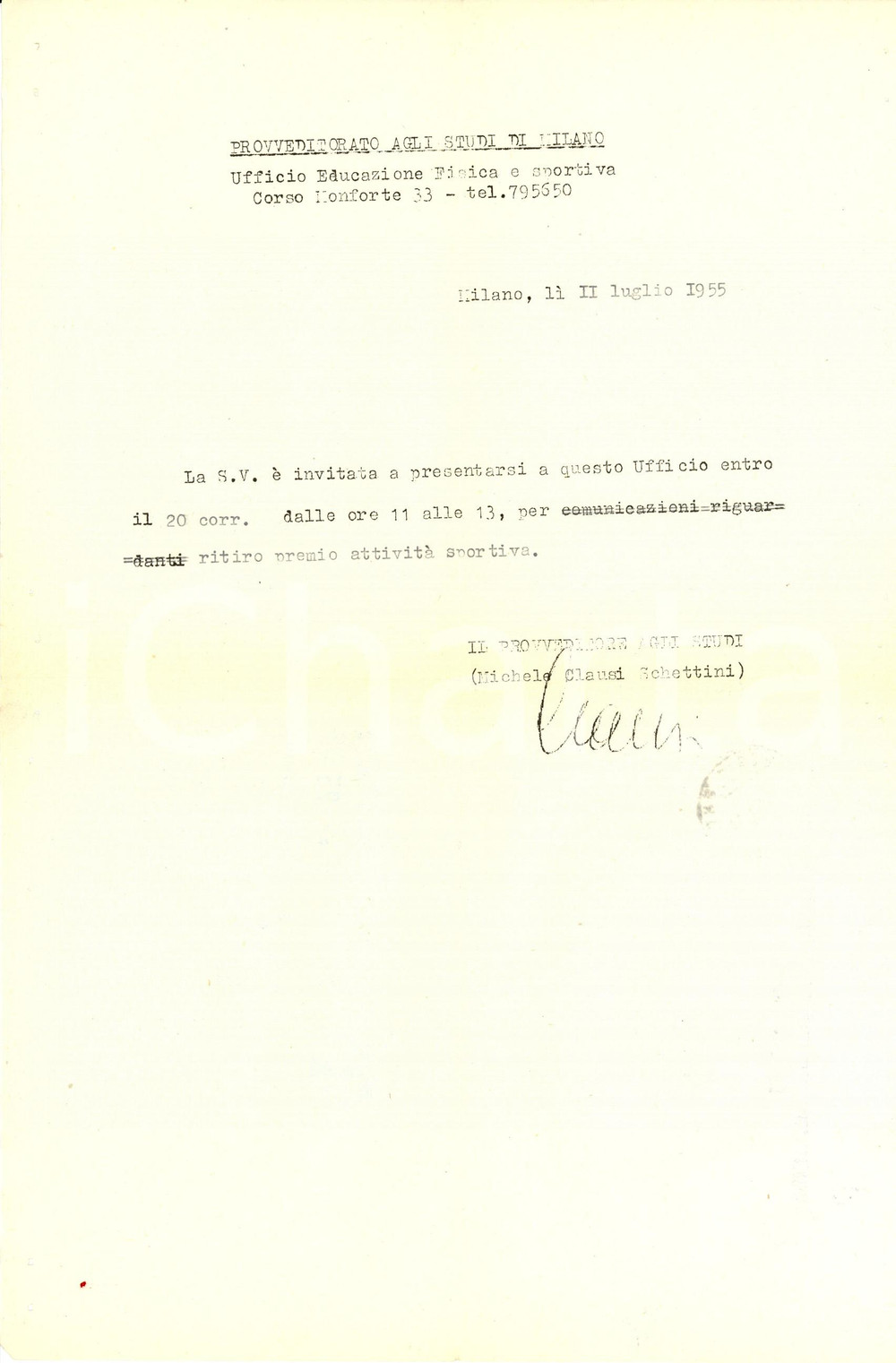 Documento originale, autentico 1955 MILANO Provveditorato Studi Ritiro premio Lettera dattiloscritta INTESTATA 1