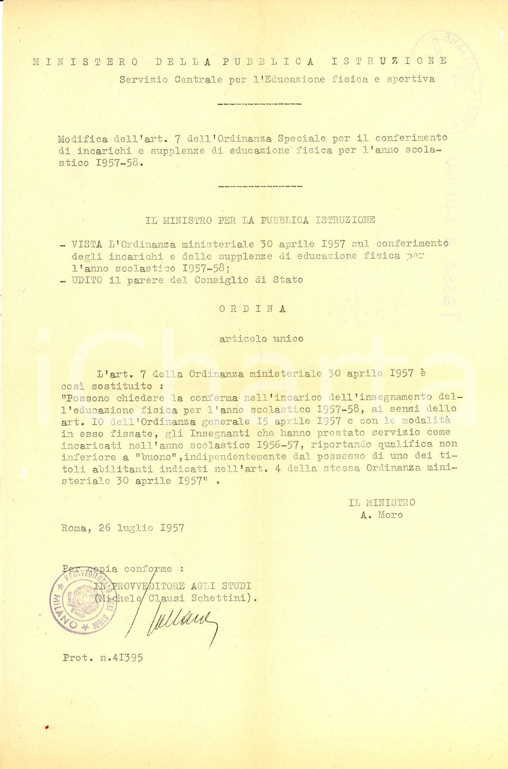 Documento originale, autentico 1957 ROMA Ministero Pubblica Istruzione Modifica Ordinanza incarichi e supplenze 1