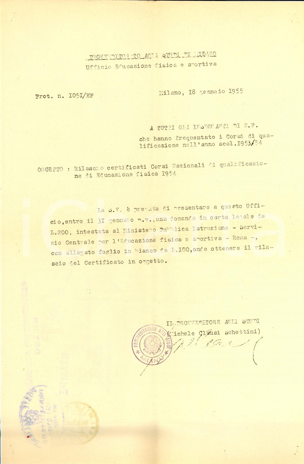 Documento originale, autentico 1955 MILANO Provveditorato Studi Rilascio certificati Corsi qualificazione 1954 1