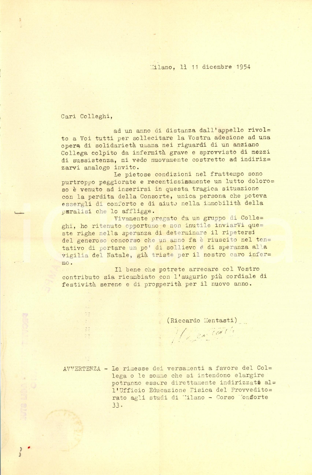 Documento originale, autentico 1954 MILANO Provveditorato agli Studi Adesione a opera di solidarietÃ  Lettera 1