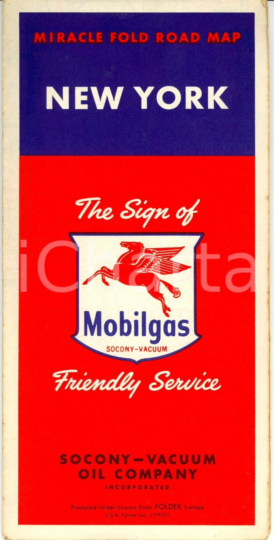 Mappa, planimetria storica 1955 ca NEW YORK USA Miracle fold road map Cartina MOBILGAS SOCONYVACUUM 1