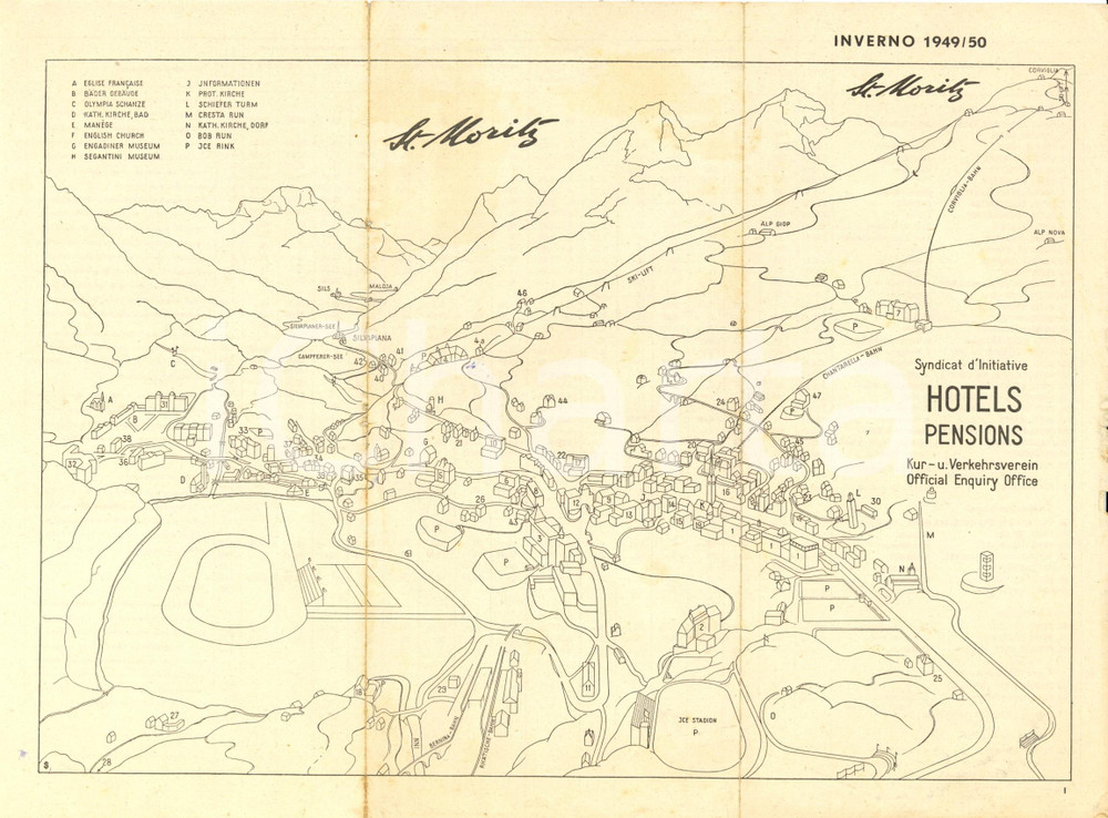 Materiale pubblicitario d’epoca 1949 SANKT MORITZ CH Elenco degli hotel e delle pensioni Opuscolo con mappa 1