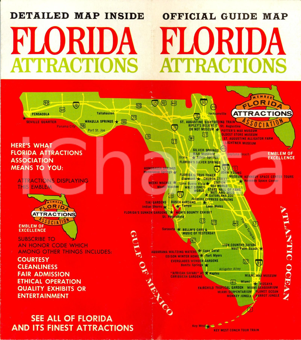 Mappa, planimetria storica 1960 ca USA FLORIDA attractions Official guide map with Opuscolo ILLUSTRATO 1